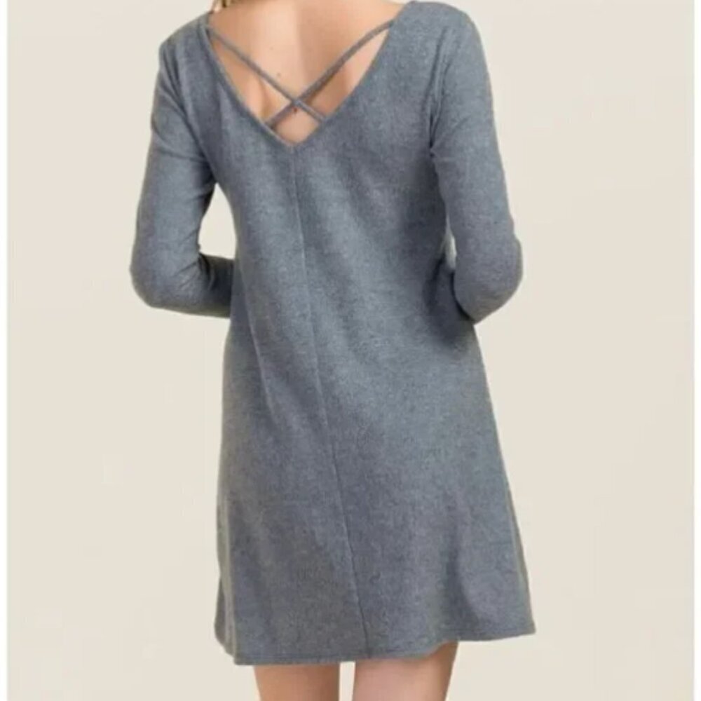 Alya Womens Charcoal Gray‎ Long Sleeve Crisscross Strappy Back Swing Dress Small